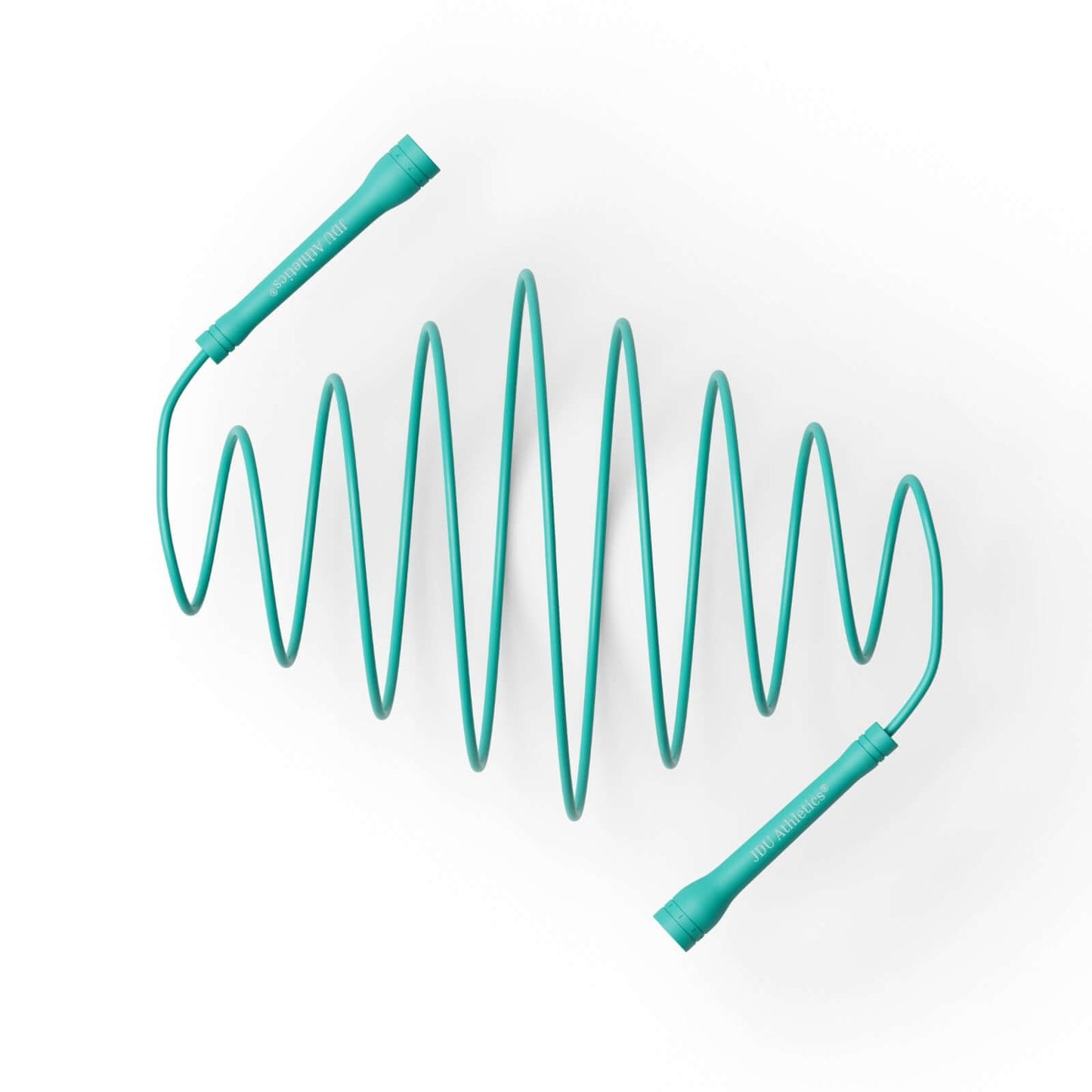 A teal jump rope coiled in a zigzag pattern, perfect for fitness enthusiasts and cardio workouts.